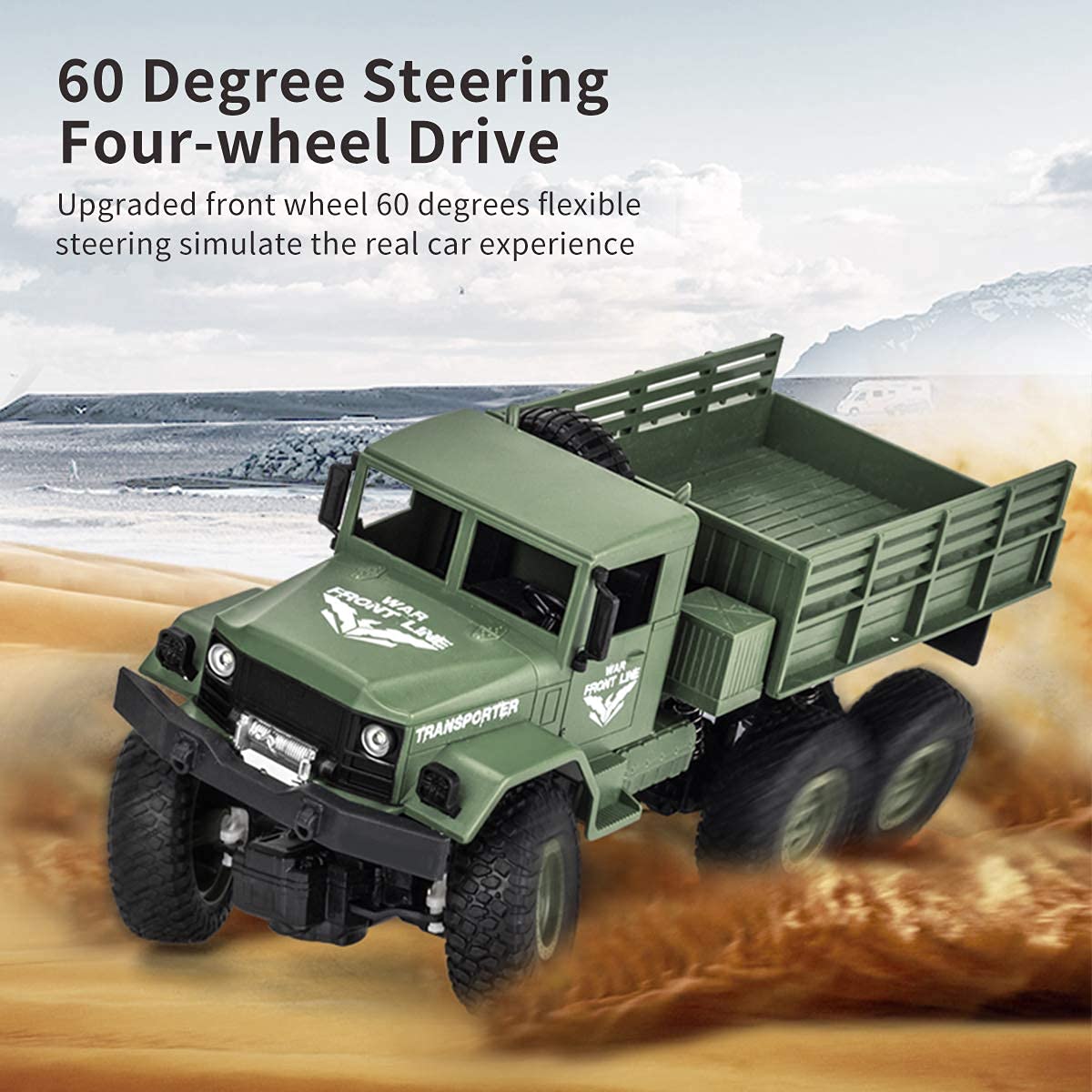 XINGRUI 1:18 RC Military Truck, 50 Min Playtime Remote Control Car, 2.4Ghz 4WD Off-Road Vehicle, All Terrain Toy with LED Lights, Gift for Boys Girls