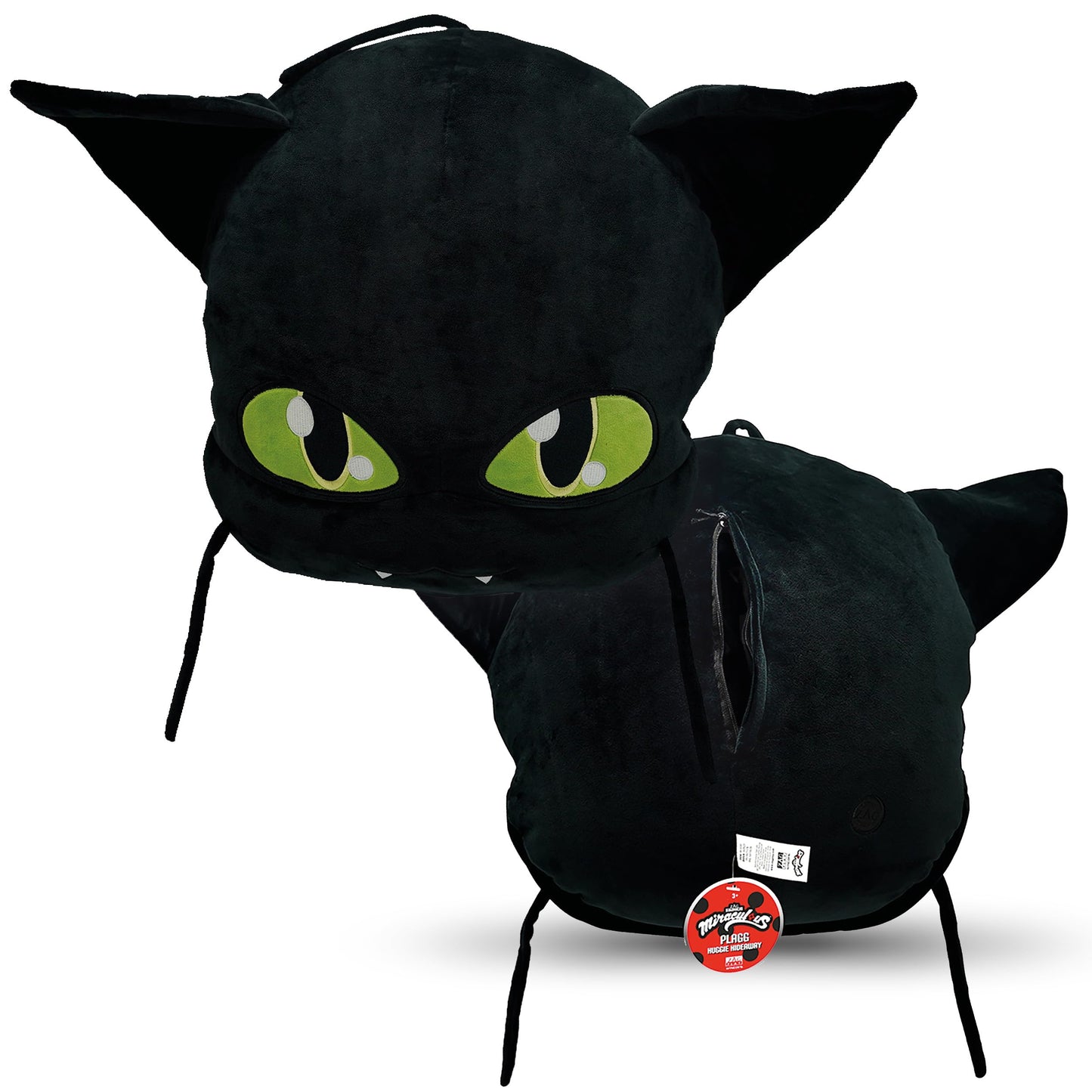 Miraculous Ladybug Plagg Plush Pillow with Large Zipper Secret Pocket - 14.8-inch Extra Soft, Cuddly, Fluffy Decorative Cushion - Ideal Nap Pillow