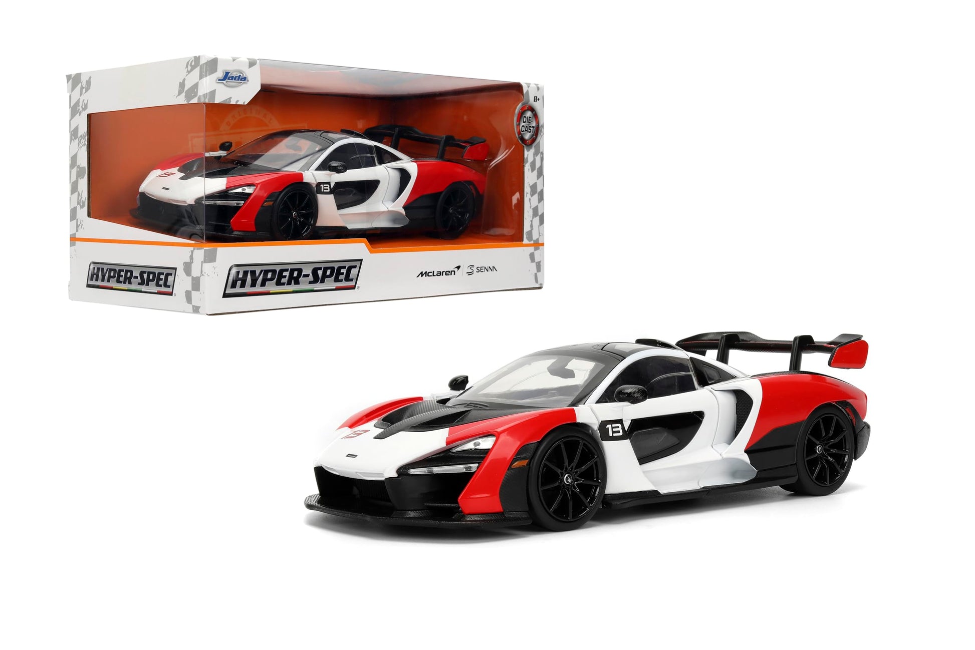 Jada Toys Hyper-Spec 1:24 McLaren Senna Die-cast Car - Opening Doors, Hood, Trunk, Rubber Tires(White/Red/Black)