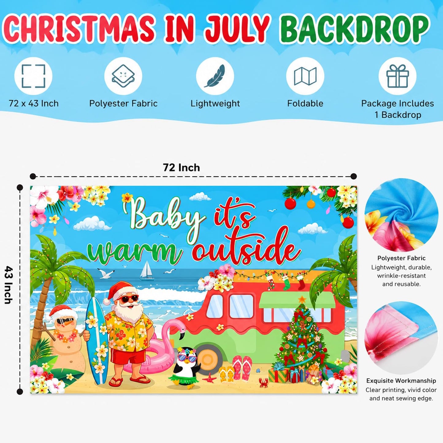 Christmas in July Backdrop 72x43 Inch Polyester Fabric, Baby Its Warm Outside Summer Santa Beach Party Decorations, Tropical Holiday Photo Background