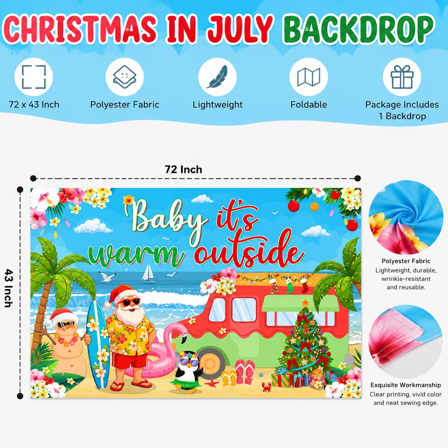 Christmas in July Backdrop 72x43 Inch Polyester Fabric, Baby Its Warm Outside Summer Santa Beach Party Decorations, Tropical Holiday Photo Background