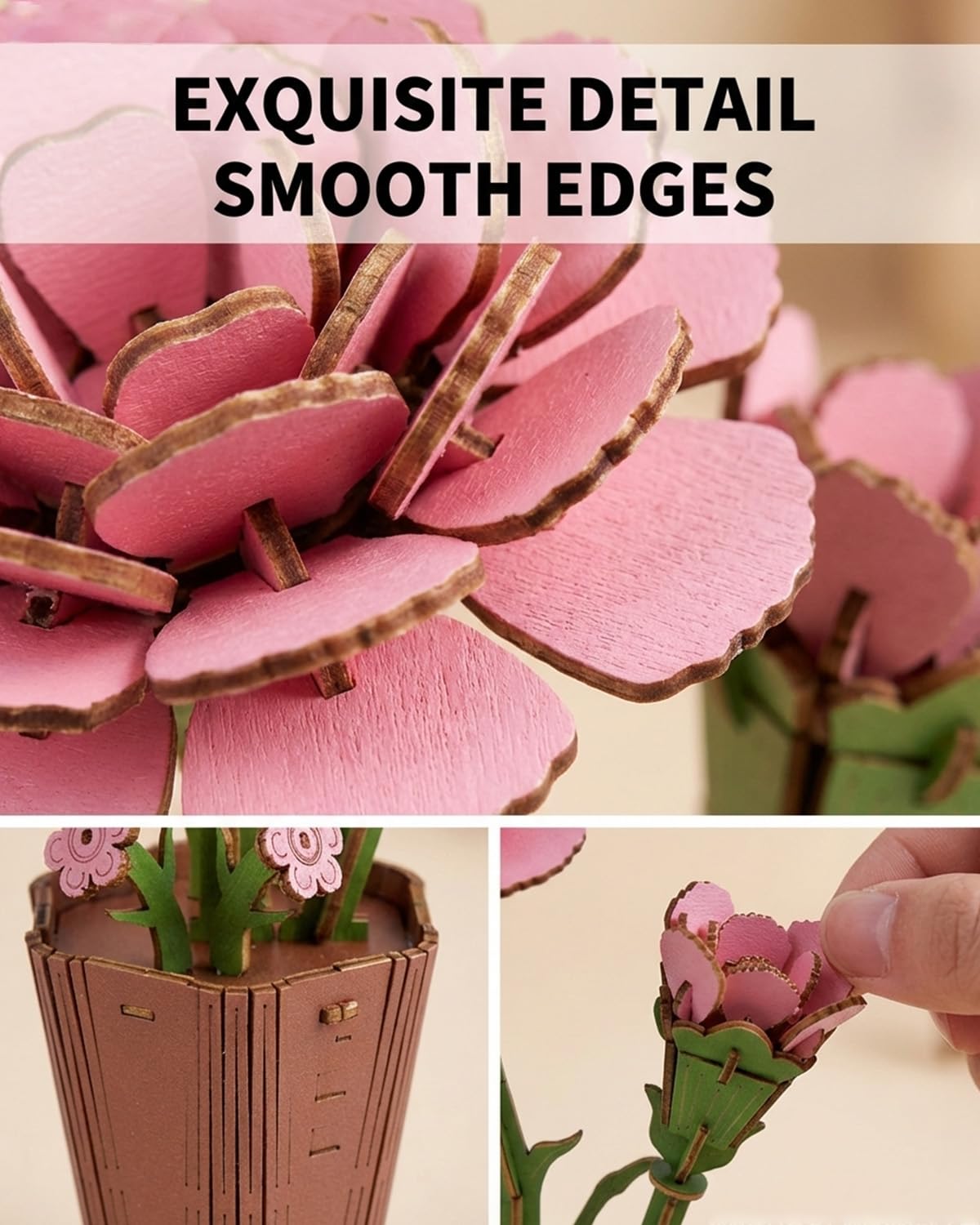 3D Wooden Flower Puzzle - DIY Carnation Craft Kit for Adults, Wooden Bloom Craft Home Decor (Carnation)