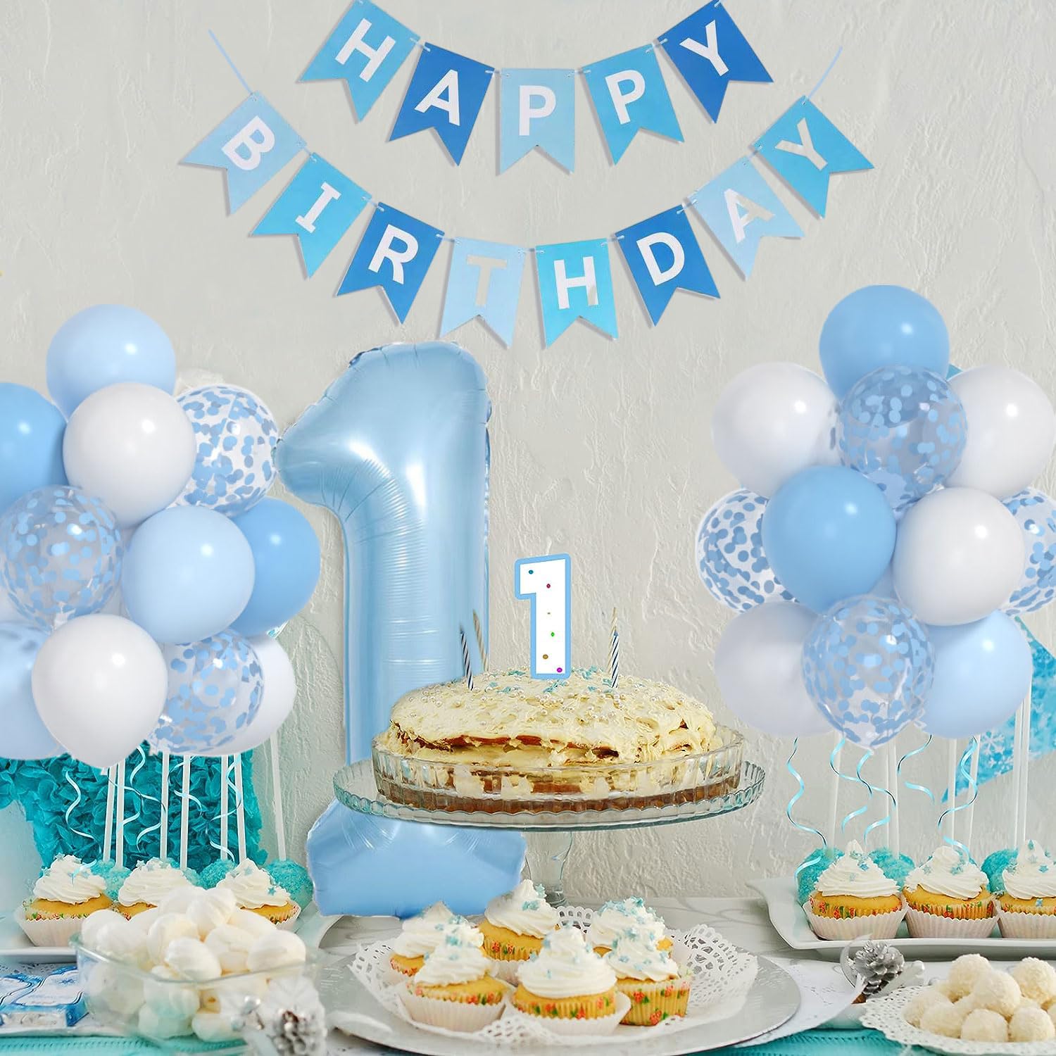 Baby Blue White Balloons And 40inch 1 Balloon, First Birthday Decorations For boy With blue White Confetti Balloons, Happy Birthday Banner Large 1