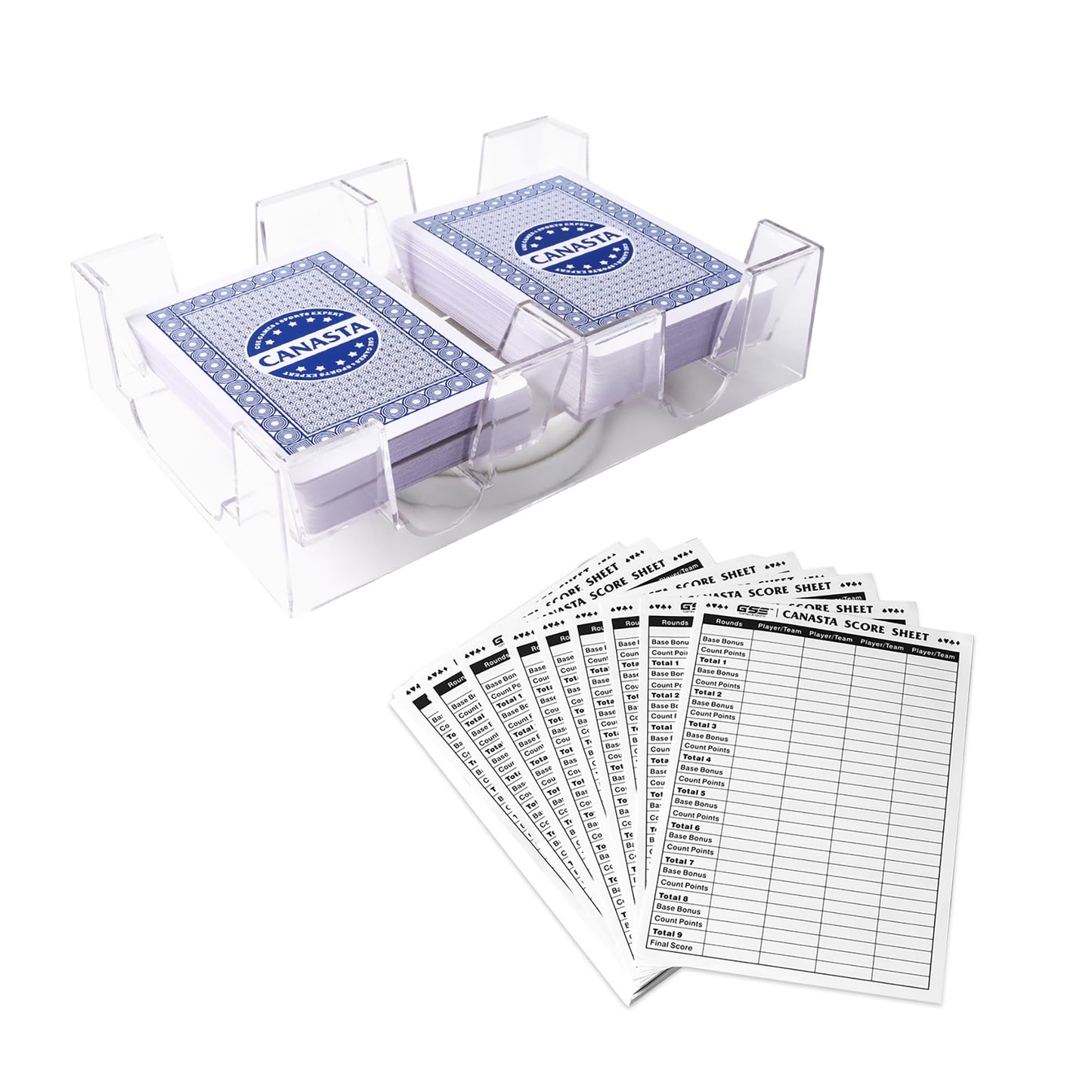 GSE Games & Sports Expert Canasta Cards Game Set, Includes 2 Decks Canasta Playing Cards with Point Values, a Revolving Card Tray, and 50 Score Sheets