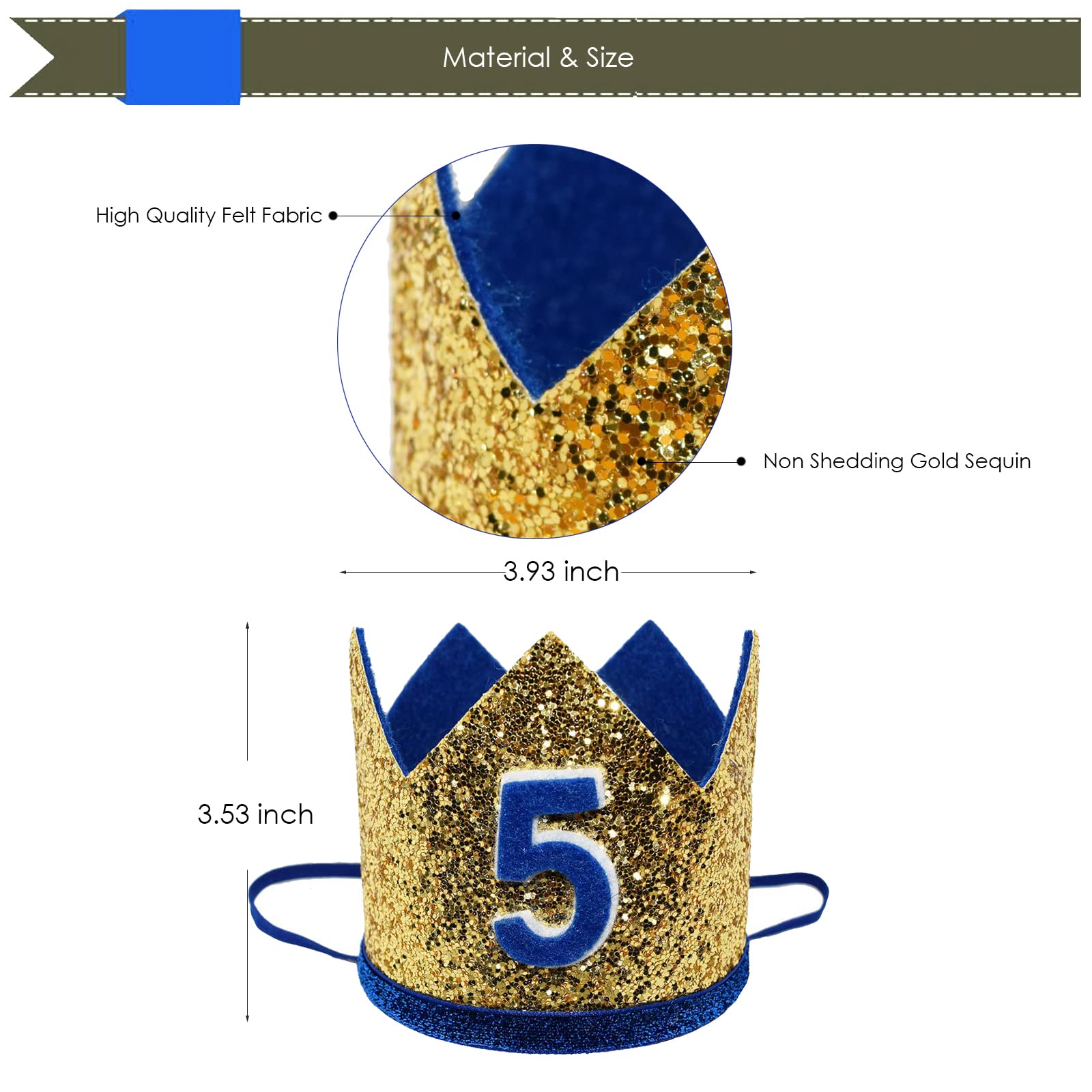 Maticr Shiny 5th Birthday Crown Baby Boy Prince Headband Party Supplies (Large Gold Royal 5)