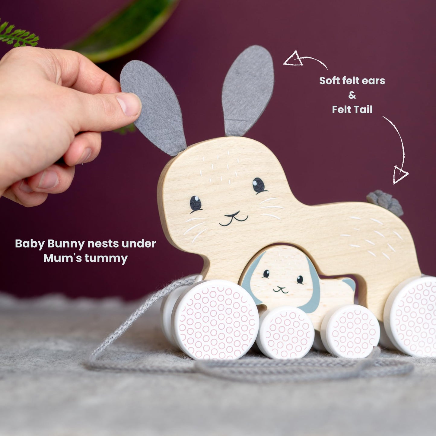 Bigjigs Toys FSC® Certified Bunny & Baby Pull Along Toy - Eco-Friendly Rabbit Pull Along with Cord & Baby Bunny Push-Along, Quality Pull Along Toys