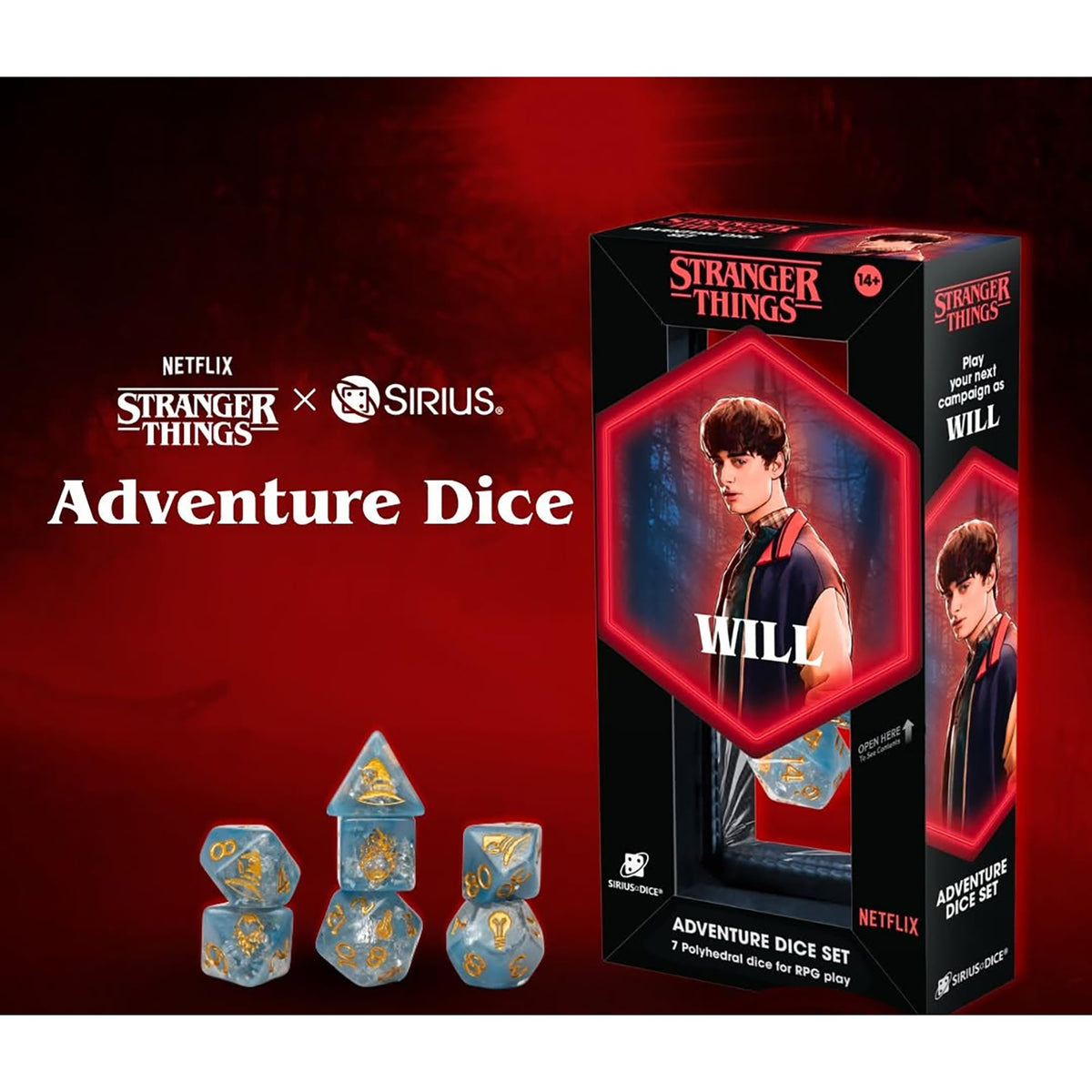 Stranger Things: Adventure Dice - Will - 7pc RPG Set, Blue & Silver Fleck, Gold Icons, Cleric Class, Collectible Roleplaying Game Accessory, Licensed