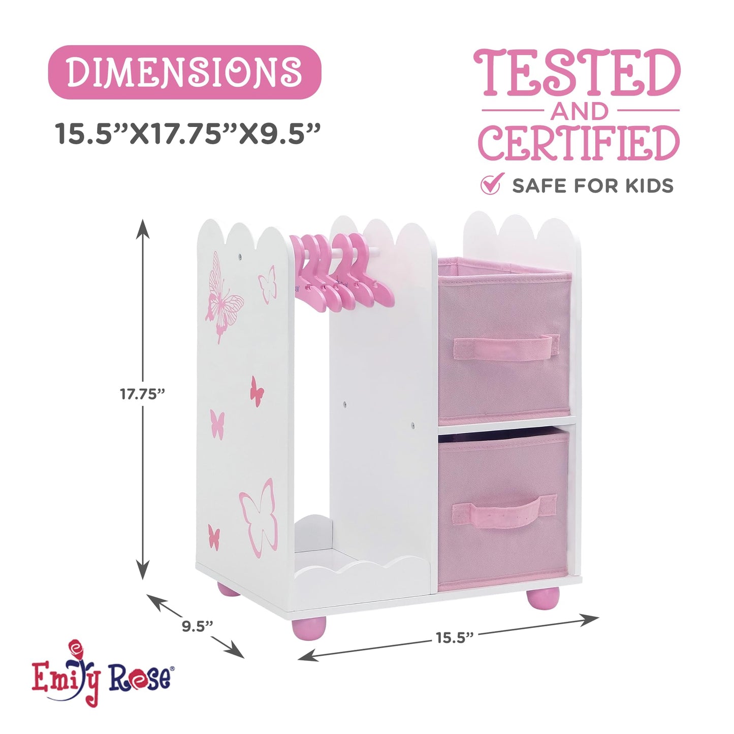 Emily Rose 18" Doll Clothes Open Wardrobe Storage Closet + 5 Hangers