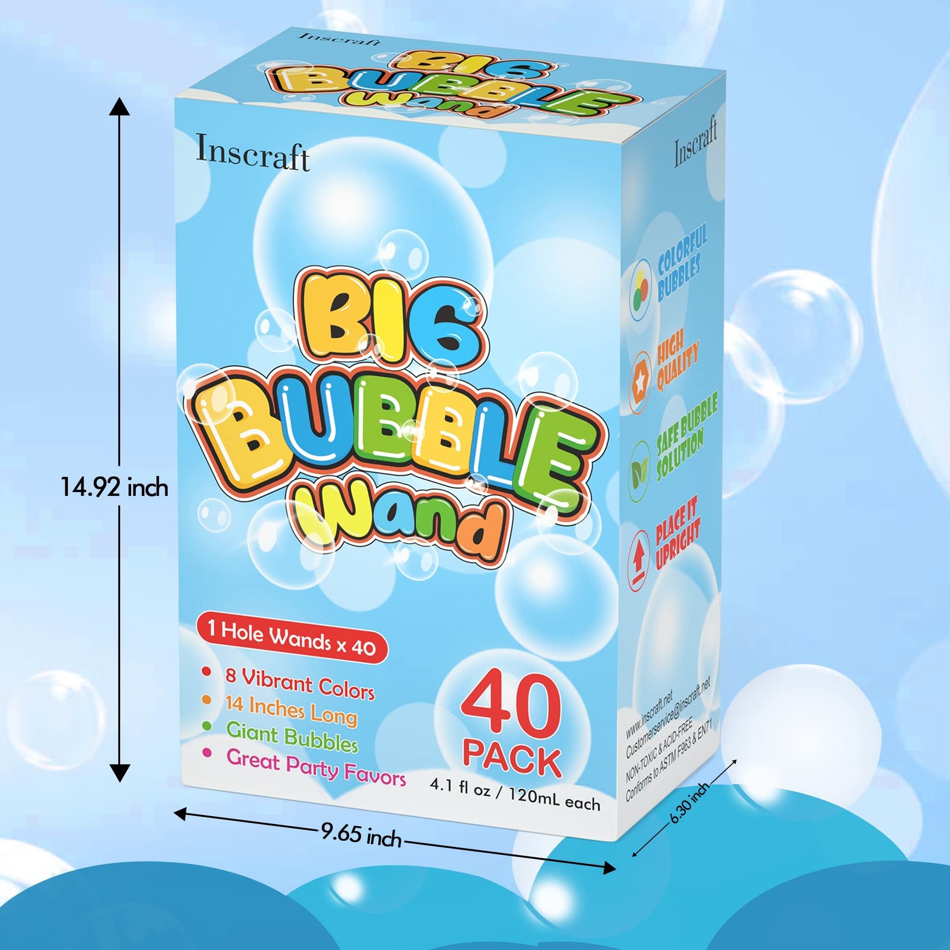 Inscraft 40 Pack 14’’ Big Bubble Wands, 8 Colors Bubbles Bulk for Summer Toy, Outdoor / Indoor Activity Use, Easter, Birthday, Graduation, Shower