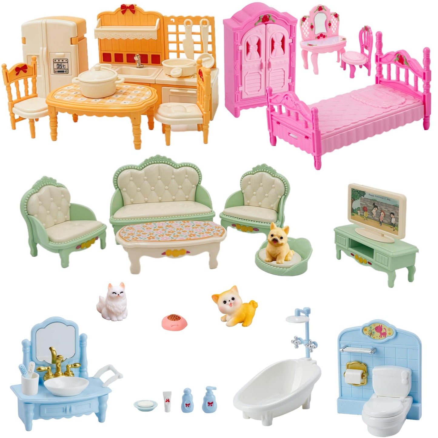 36Pcs Dollhouse Furniture Set,Miniature 1:12 Scale Dolls House Accessories with Cat,Dog,Kitchen, Dining Room, Living Room,Bedroom for Playhouse