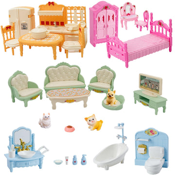 36Pcs Dollhouse Furniture Set,Miniature 1:12 Scale Dolls House Accessories with Cat,Dog,Kitchen, Dining Room, Living Room,Bedroom for Playhouse