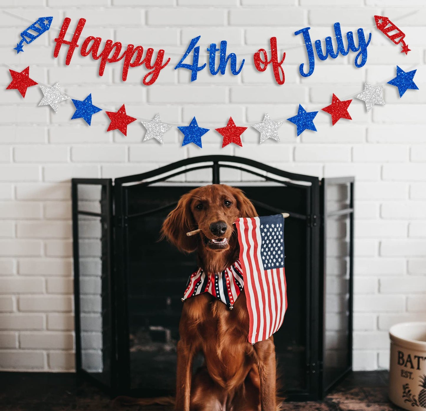 CAVLA Glittery Happy 4th of July Banner and Glitter Stars Banner Red White Blue Patriotic Fourth of July Garland Banner with Fireworks Signs