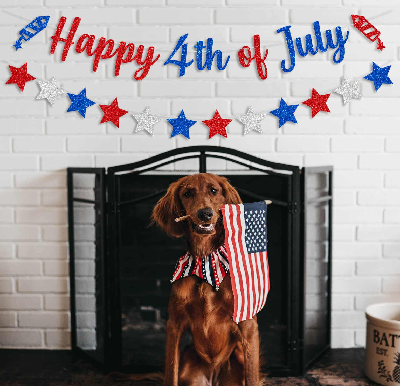 CAVLA Glittery Happy 4th of July Banner and Glitter Stars Banner Red White Blue Patriotic Fourth of July Garland Banner with Fireworks Signs
