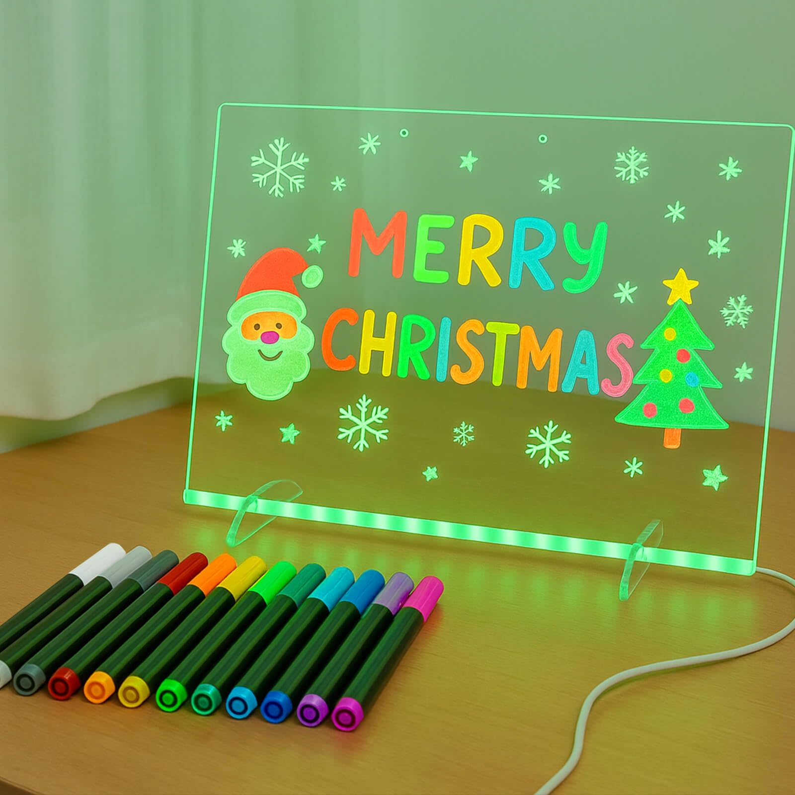 Godeprot 13.8”X10” LED Drawing Board with 12 Markers & 4 Light UP Modes & 7 Colors & Adapter * Hanging Chain, Neon Art Dry Erase Writing Message Pad