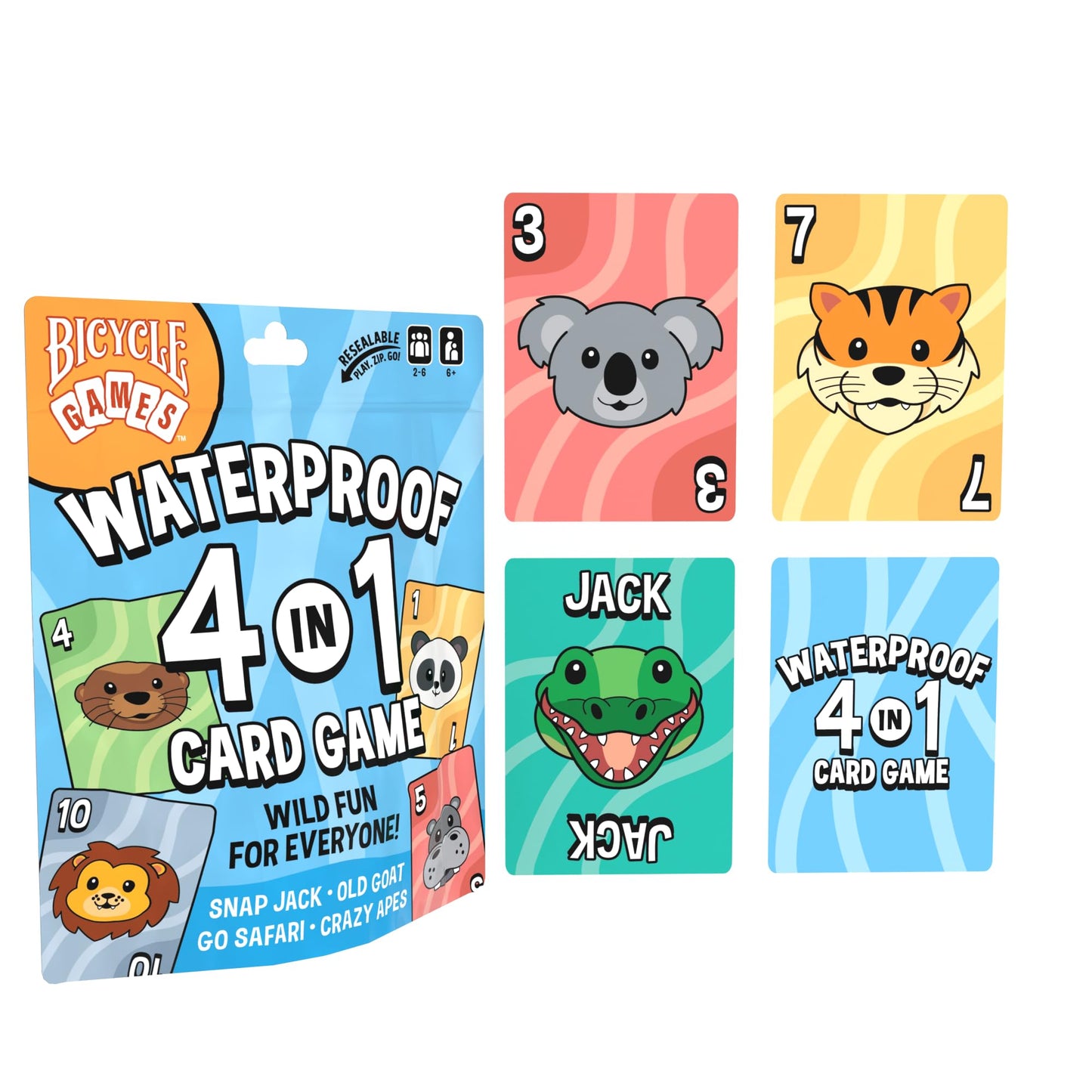 Bicycle Waterproof 4‑in‑1 Card Games Set - Durable Plastic Playing Cards Deck for Go Fish, Slap Jack, Crazy Eights & Old Maid, Family Travel Game