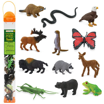Safari Ltd In The Woods TOOB - Figurines: Elk, Otter, Monarch Butterfly, Black Bear, Snake, Eagle, Beaver, Doe, Grasshopper, Frog, Raccoon, Bison