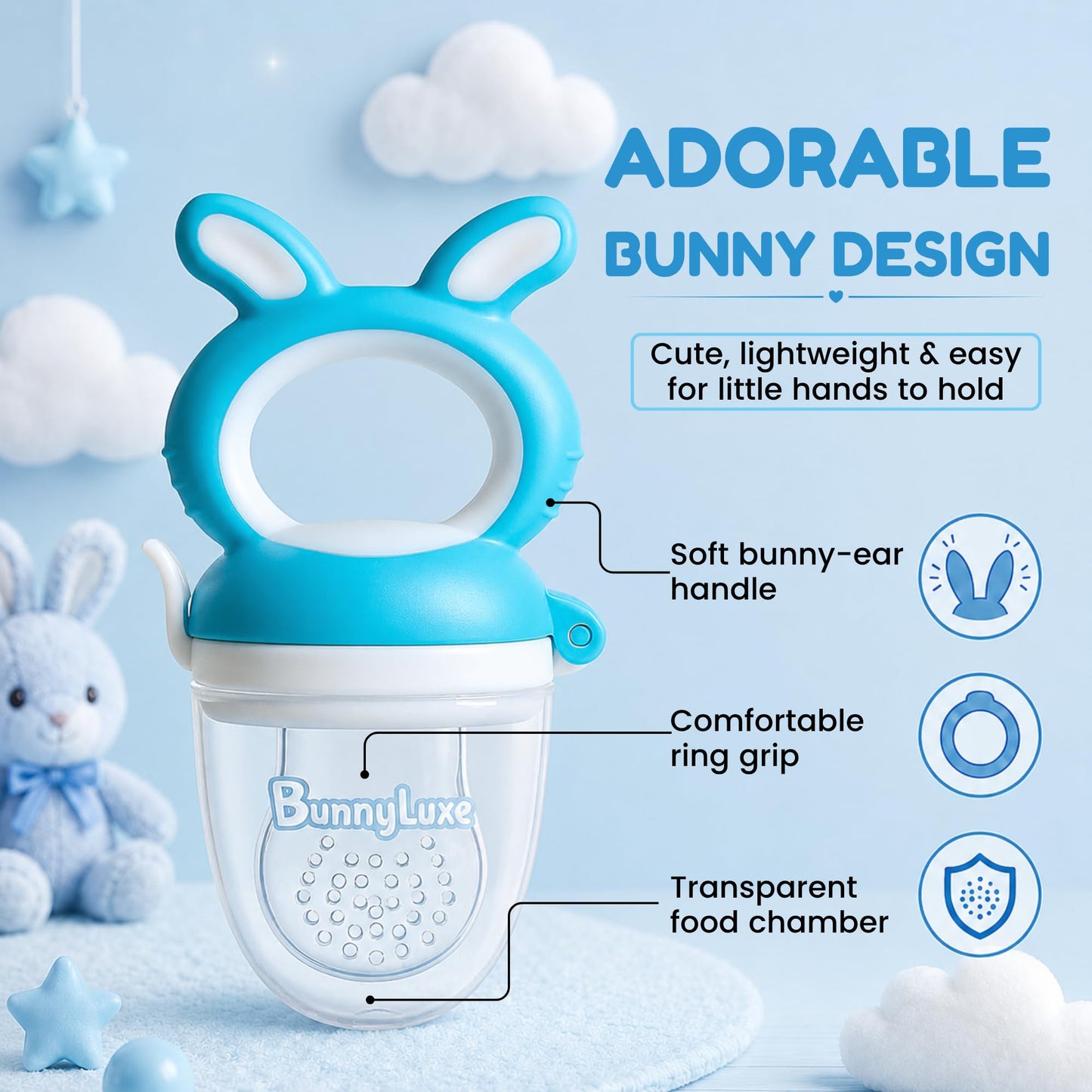 BunnyLuxe Silicone Baby Fruit Feeder for 4 to 10 Months Plus Baby Food Feeder Pacifier for Safe Self Feeding Teething Relief Fresh Food and Baby Led