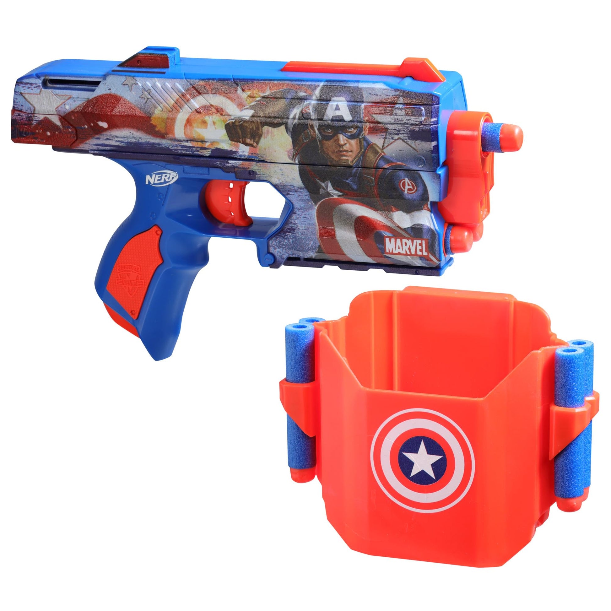 Nerf Marvel Captain America Dart Blaster, 10 Elite Darts, Holster, Toy Foam Blasters for 8 Year Old Boys & Girls & Up
