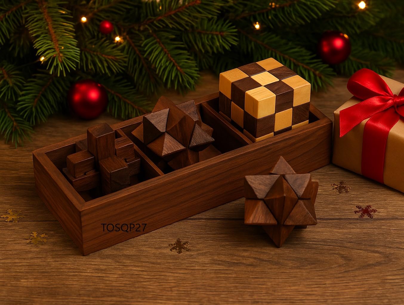 TOSQP27 Gift Wooden Brain Teaser Puzzle Set for Adults & Teens - 3-in-1 Interlocking Burr, Snake Cube & Star Puzzle with Handmade Wooden Storage Box