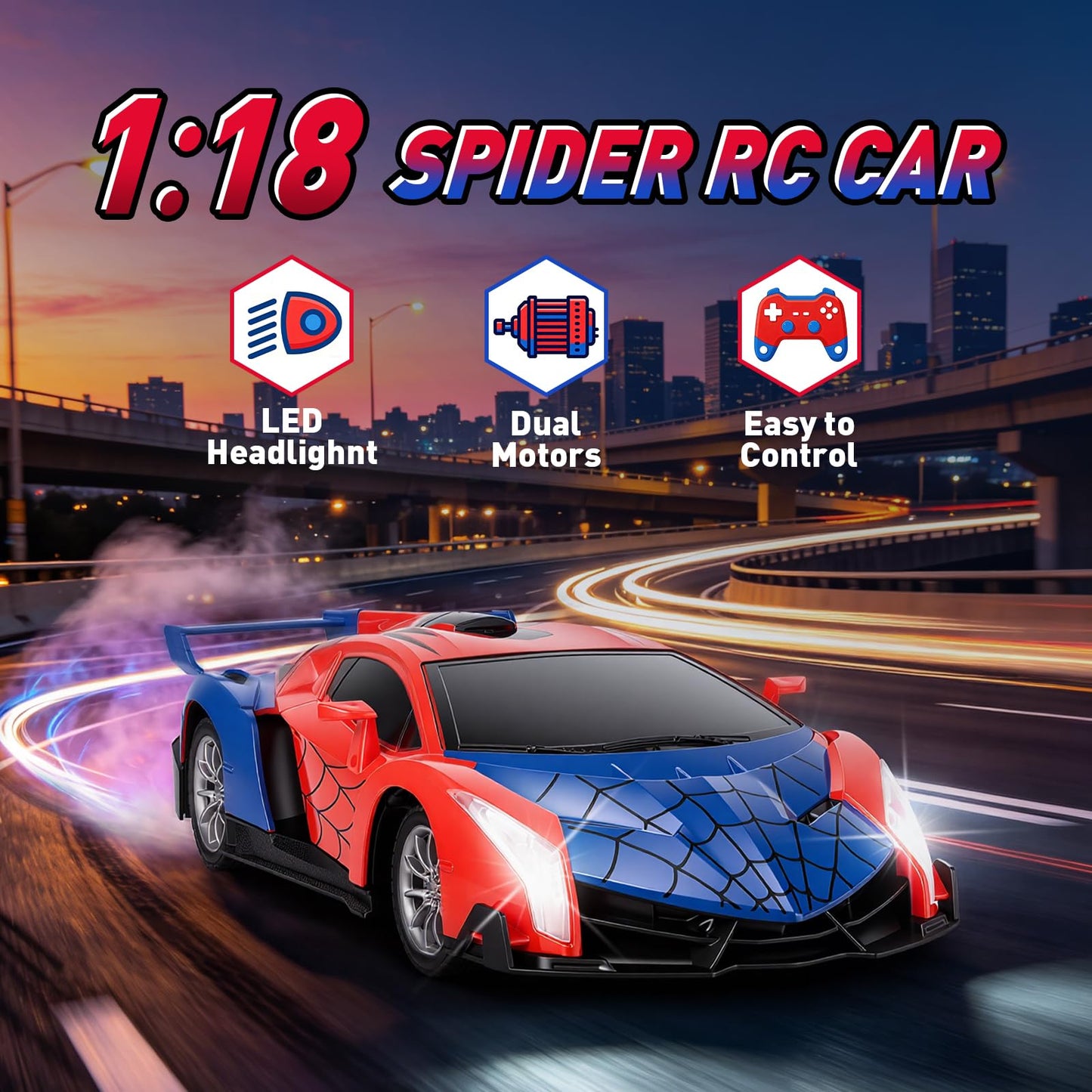 JolliBrix Spider Remote Control Car for Kids, RC Cars for Boys Kids 1:18 Electric Vehicle Toy Car Hobby Racing Car Toys with Lights & Controller