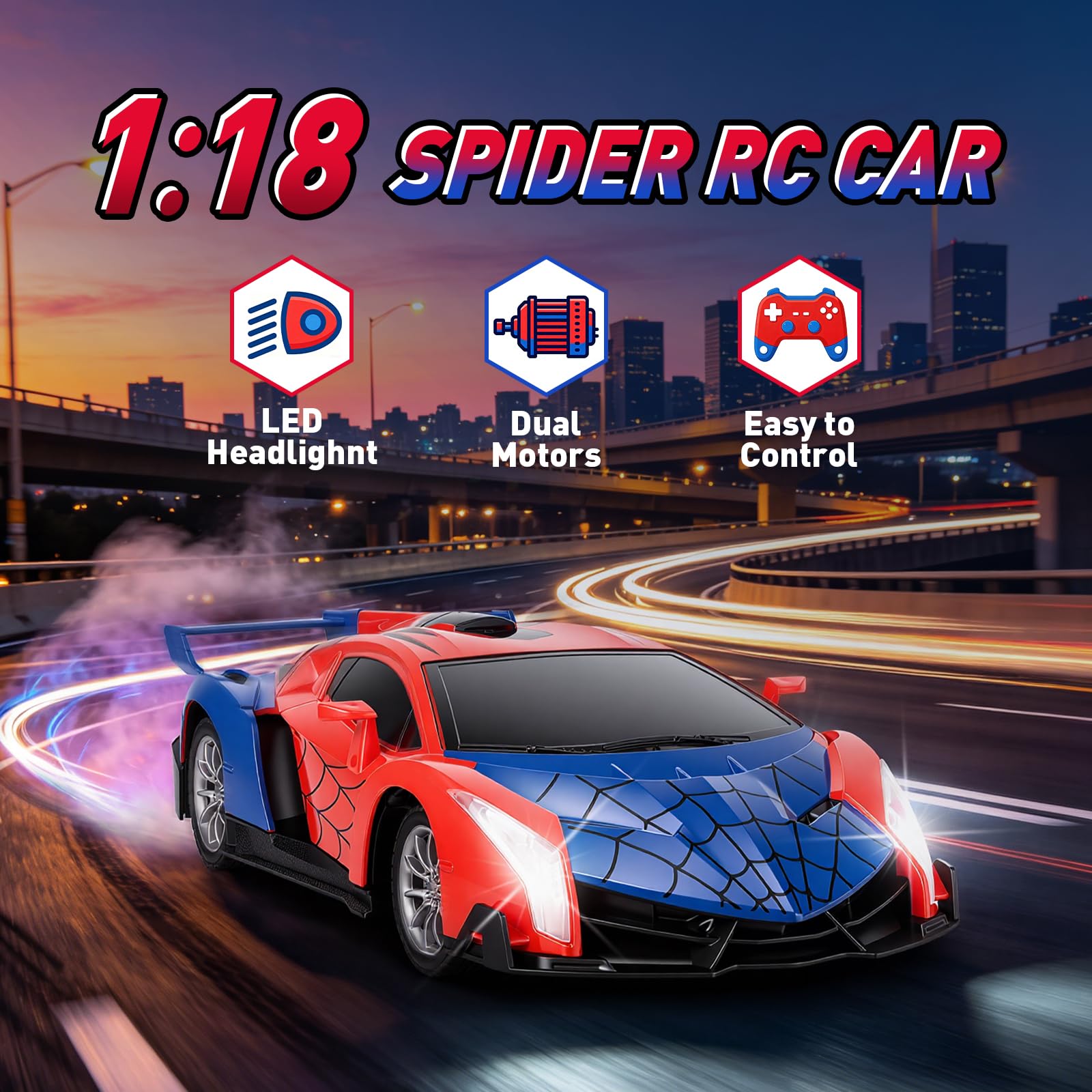 JolliBrix Spider Remote Control Car for Kids, RC Cars for Boys Kids 1:18 Electric Vehicle Toy Car Hobby Racing Car Toys with Lights & Controller