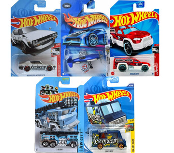 Hot Wheels Utility & Emergency Random 5 Pack! Assorted Variety Mystery Bundle, No Duplicates! [Styles May Vary!] (Police Cars, Firetrucks, Trains