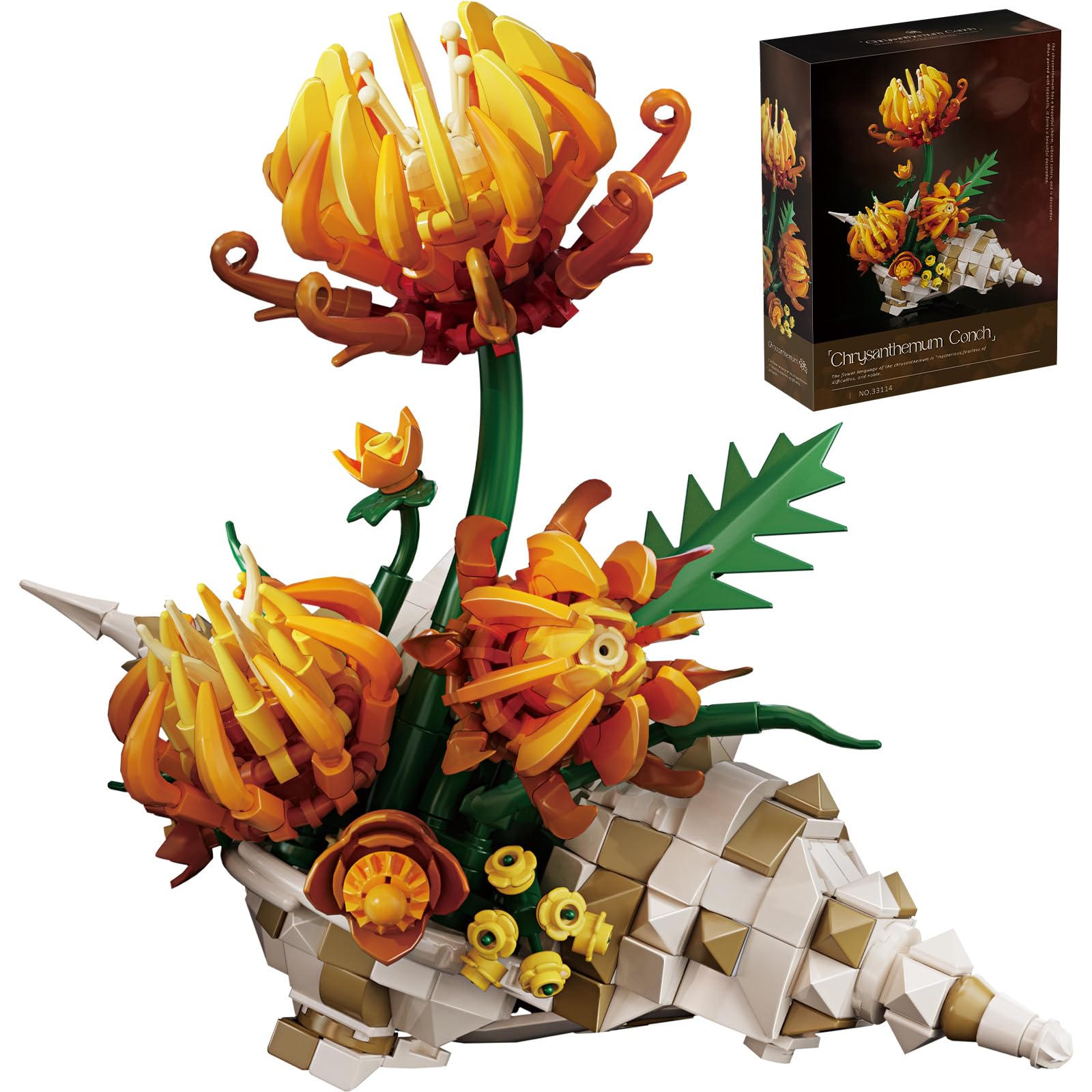 JYLWSMHMU Chrysanthemum Conch Building Blocks Set Artificial Flower Botanical Display Kit Creative DIY Desk Decor Unique Gift for Adults Women Home