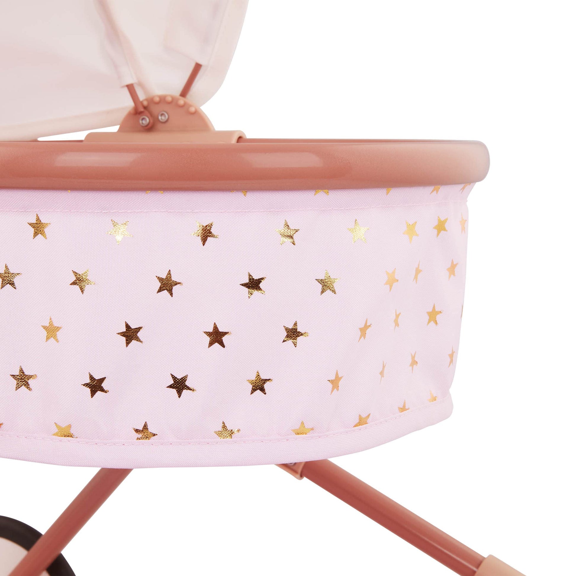 LullaBaby BABI by Battat - Baby Doll Double Stroller Mini Gold Stars - Foldable Canopy, Swivel Wheels, Storage Basket - Pink Carriage Fits Twin
