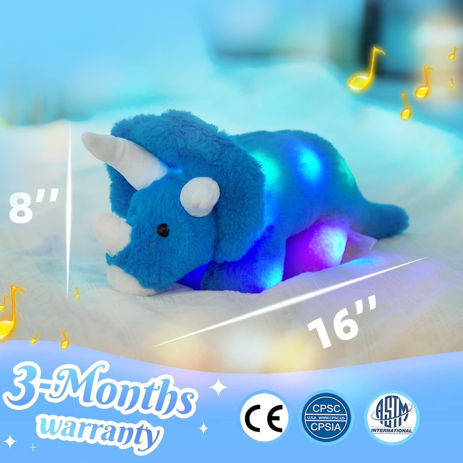 Glow Guards 16''Light up Musical Triceratops Dinosaur Stuffed Animal,Soft Singing LED Dinosaur Plush Toy with Magic Night Lights&Lullaby,Birthday