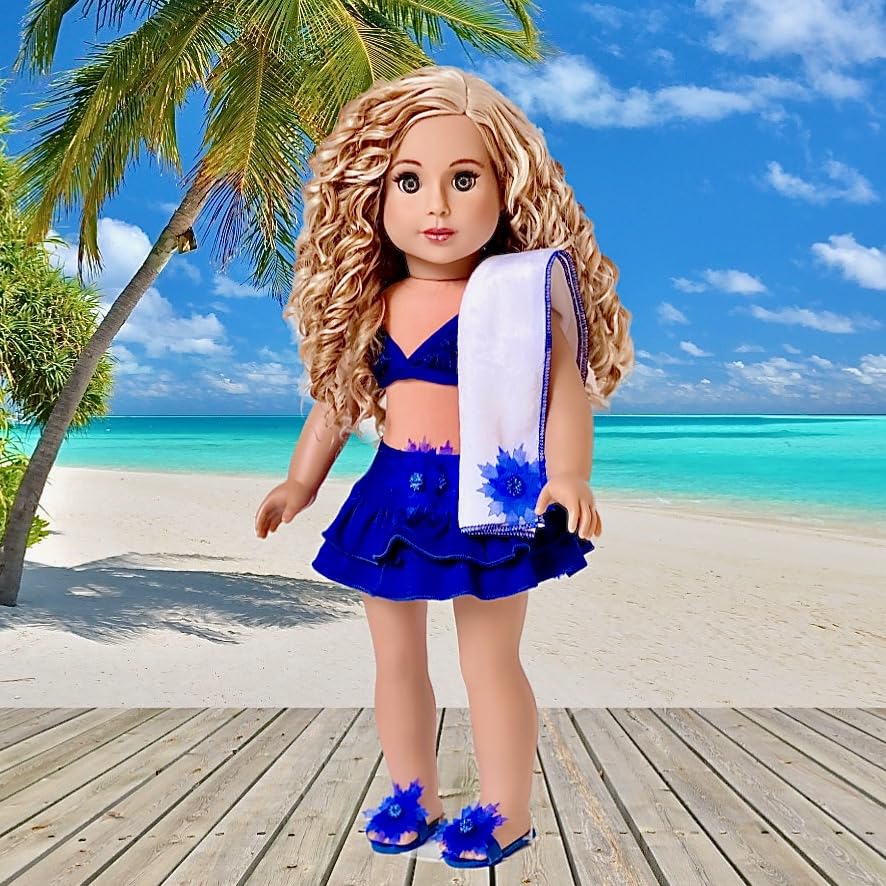 Bikini Mini - 4 Piece Bikini Outfit - Skirt, Bikini Top, Matching Flip Flops and Beach Blanket - Clothes Fits 18 Inch Doll (Doll Not Included)