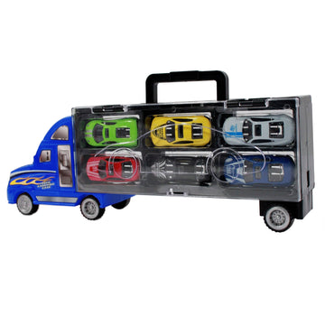 7pc Thunder Wheels Toy Truck Diecast Race Car Carrier Set - Blue