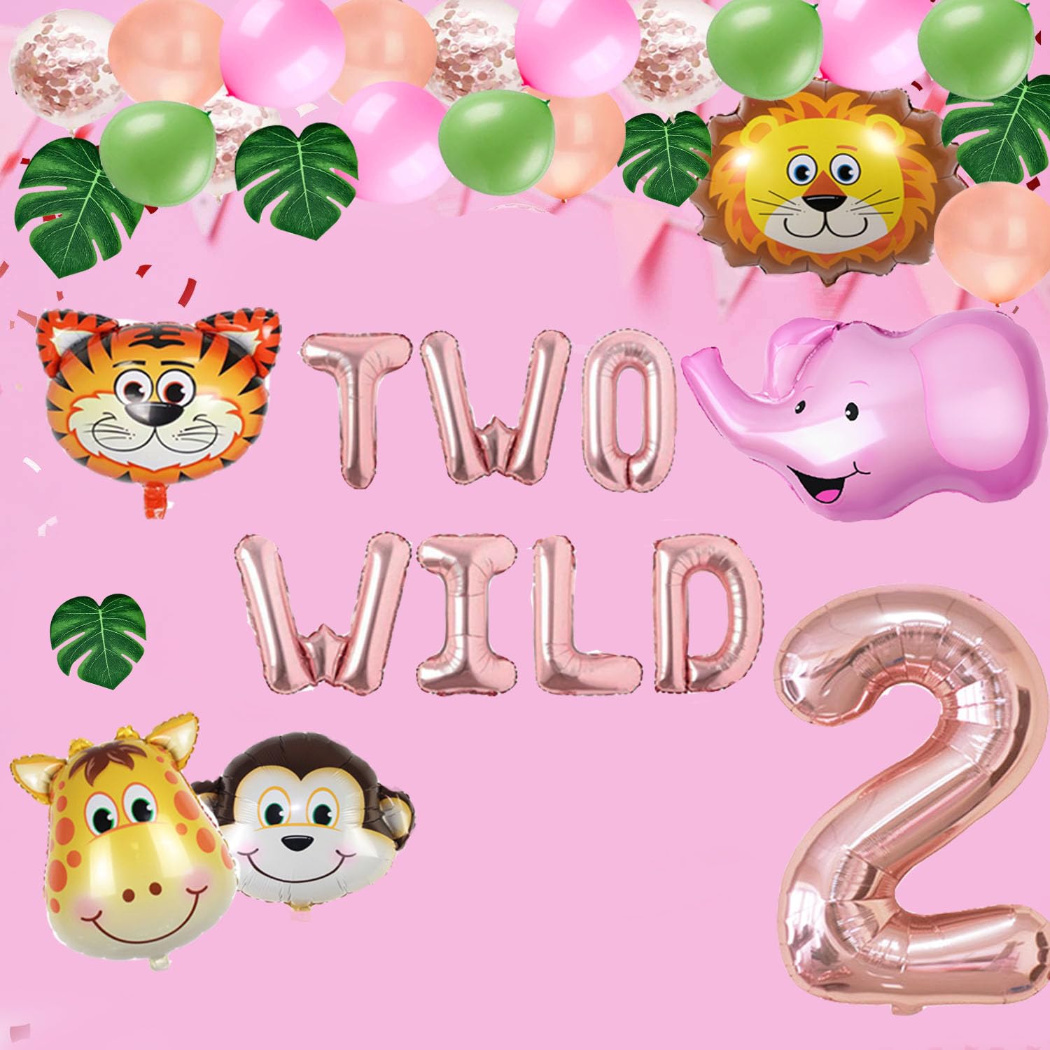 Two Wild Birthday Decoration Set Jungle Balloons for Girls 2nd Birthday