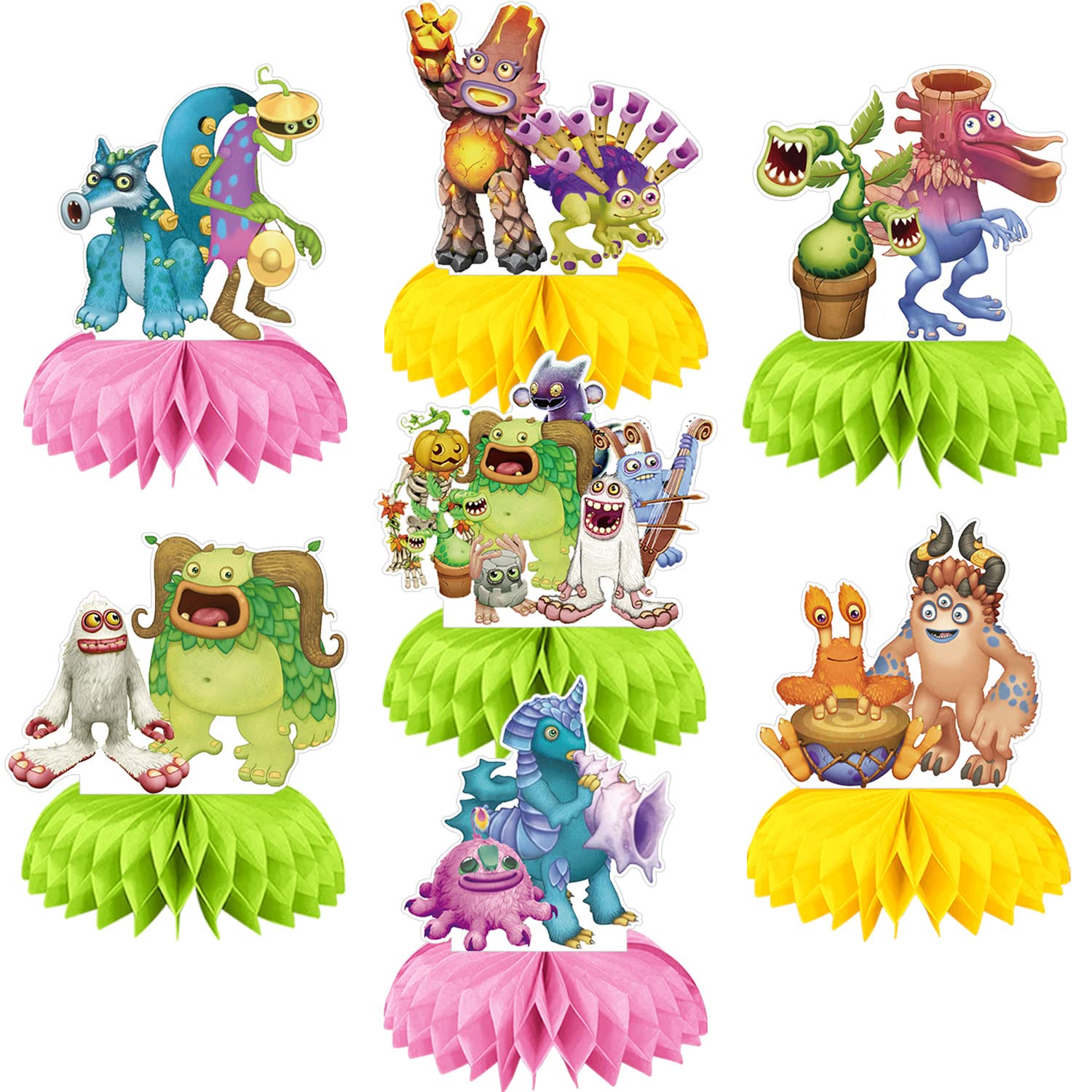 Singing Monsters Party Decorations Honeycomb Centerpiece, 7 Pieces Music Game 3D Double Side Cake Toppers Table Centerpieces, Monsters Photo Backdrop