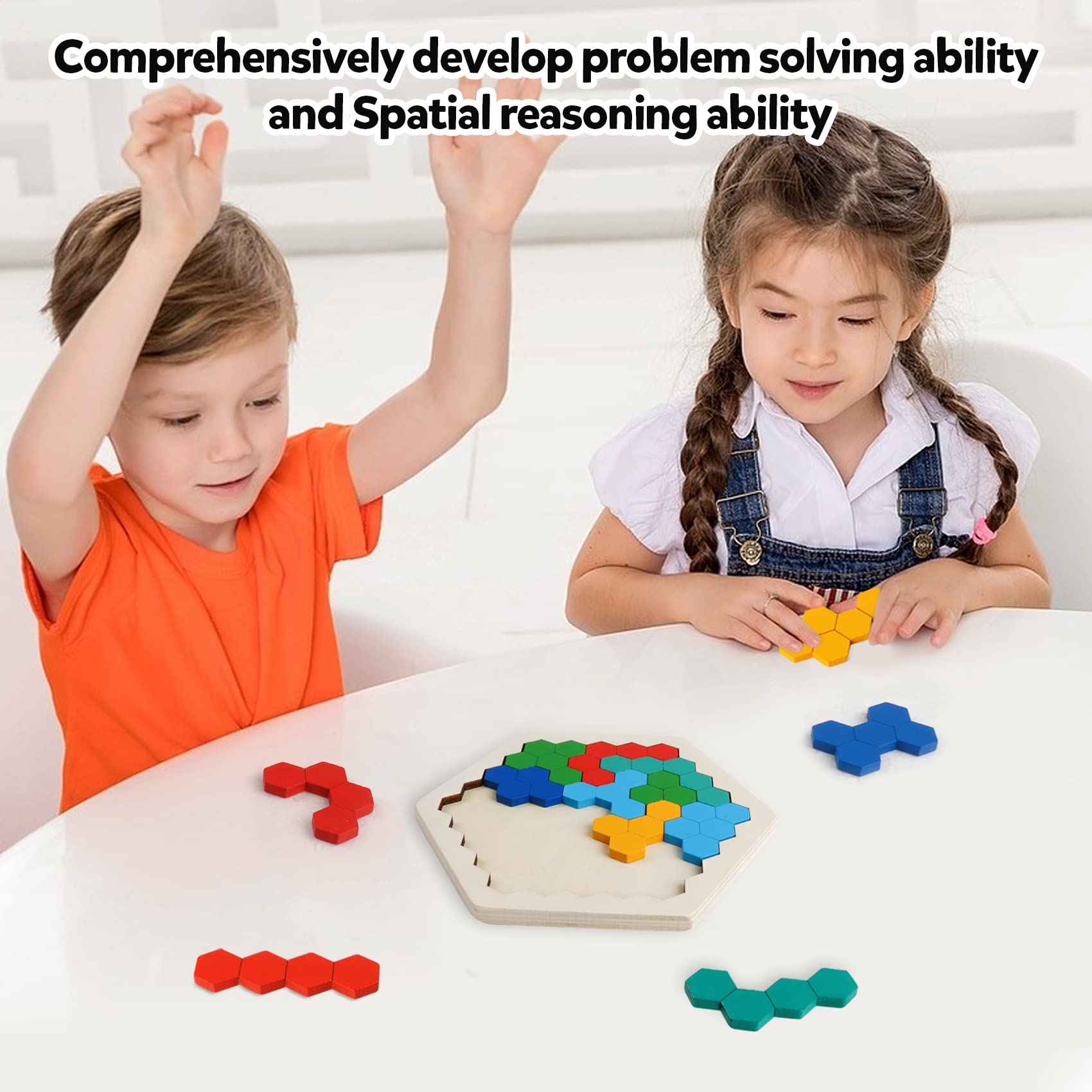 Skrtuan Wooden Blocks Puzzle for Kid Adults Brain Teaser Hexagon Puzzles Games Toy Shape Pattern Block Tangram Geometry Logic IQ STEM Montessori
