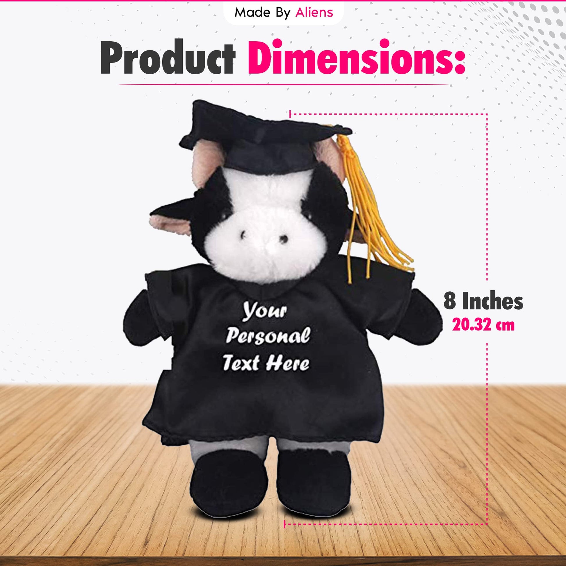 Made By Aliens Plush Stuffed Animal Toys 8 Inches Present Gifts for Graduation Day, Personalized Text, Name or Your School Logo on Gown, Best for Any