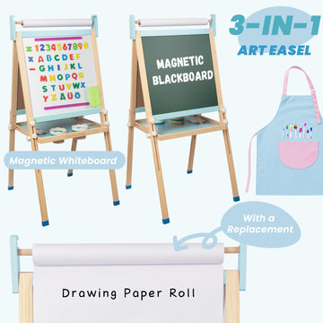 Kids Wooden Easel with Paper Roll, Adjustable Magnetic Double Sided Drawing Board Whiteboard & Chalkboard Dry Easel Board, Children Art Easel for 3-12