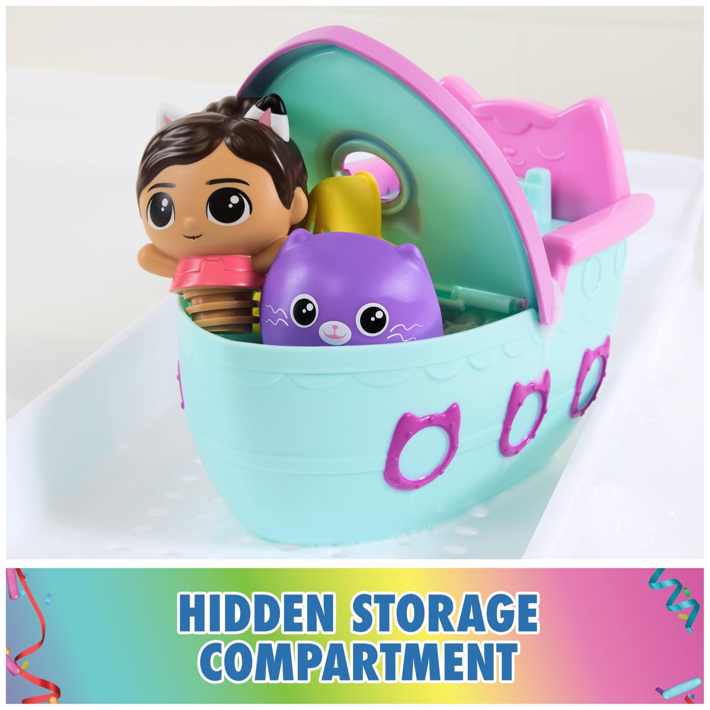 DREAMWORKS GABBY'S DOLLHOUSE Gabby & SS Mercat Bath Set, Floating Toddler Bath Toys with Cruise Ship & Squirter, Kids Toys for Girls & Boys Ages 3+
