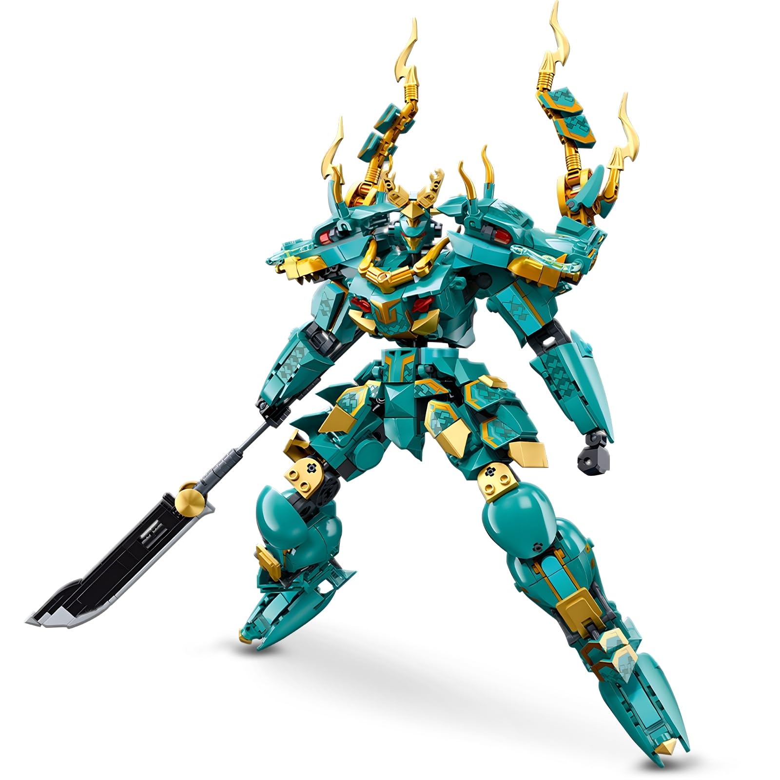 HIGH GODO Mech Robot Building Blocks Set for Adults, Cool Green Dragon Warrior Model Kit with Long Spear Toy Playset, 704 Pieces Collectible Mythical