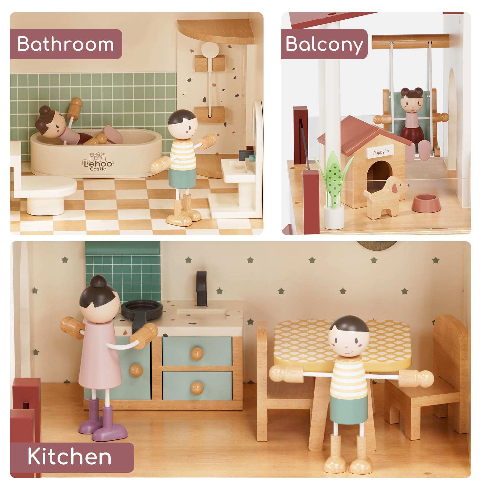 Lehoo Castle Wooden Dollhouse for Girls, Realistic Doll House with 5 Rooms & 38 Accessories, DIY Pretend Play Dream Dollhouse with Doll and Furniture