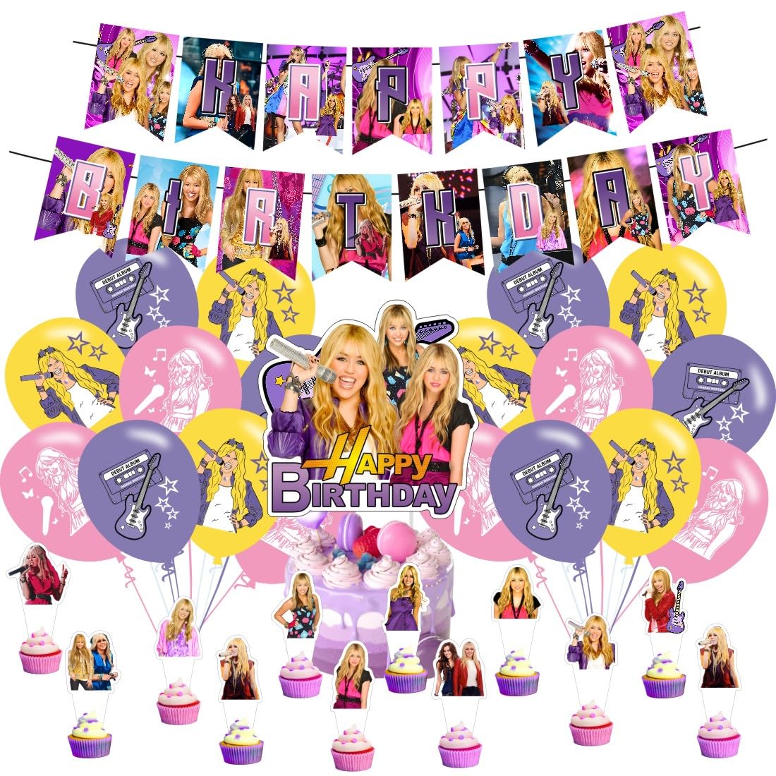 Hannah Montana Birthday Decorations, Hannah Montana Party Supplies Include Happy Birthday Banner, Cake Topper and Cupcake Toppers, Balloons for Kids