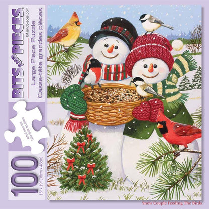 Bits and Pieces - Snow Couple Feeding the Birds Jigsaw Puzzle for Adults - Winter Holiday Scene by Artist William Vanderdasson - Festive Snowman