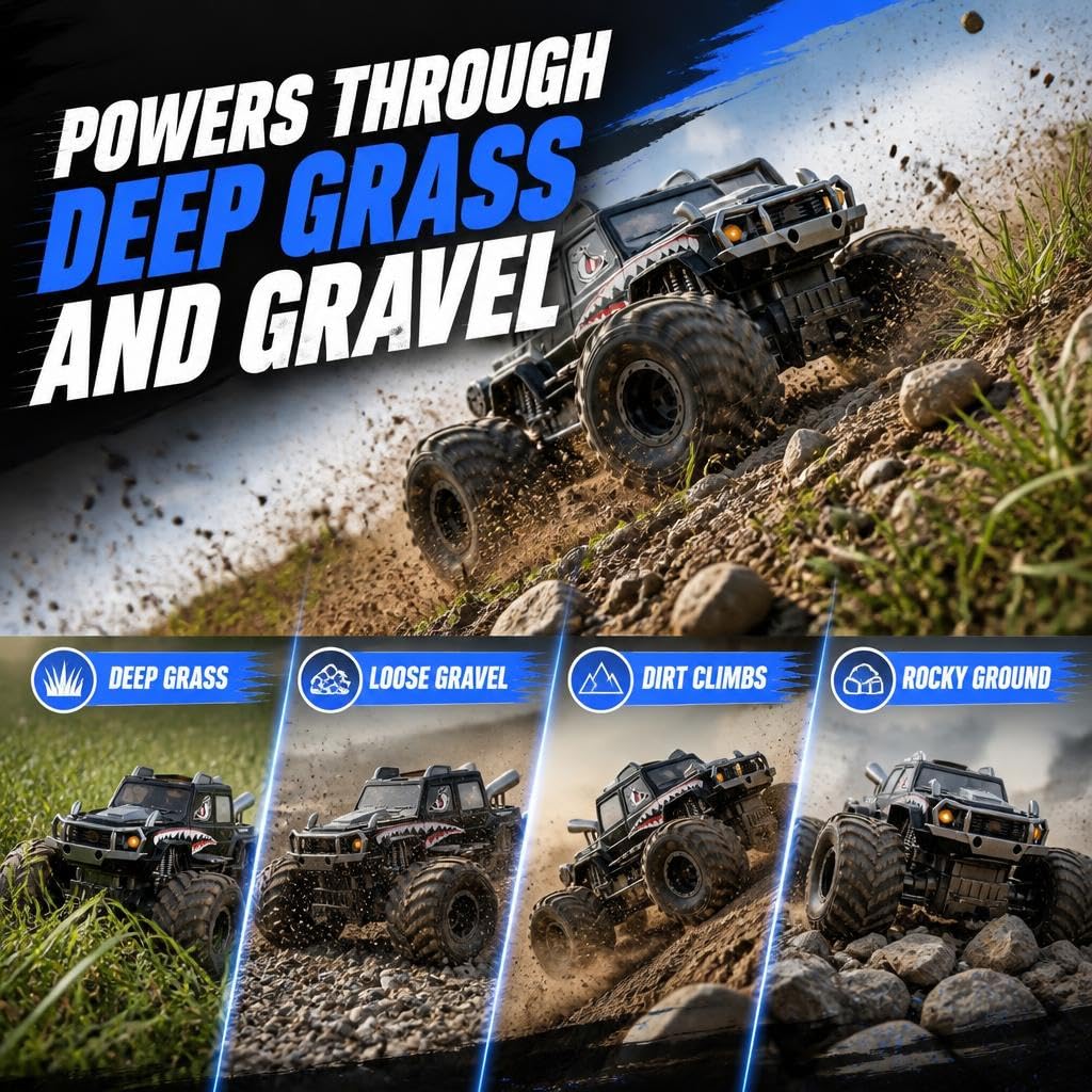 WhizzRC Amphibious Remote Control Car, 1:18 4WD Waterproof Shark Monster Truck, 2.4GHz RC Stunt Car with 360 Spins, Rechargeable Pool & All-Terrain