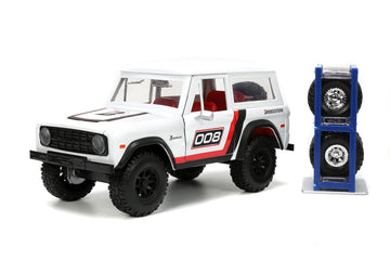 Jada Just Trucks 1:24 1973 Ford Bronco Bridgestone Die-Cast Truck & Tire Rack, Toys for Kids and Adults(White/Red)
