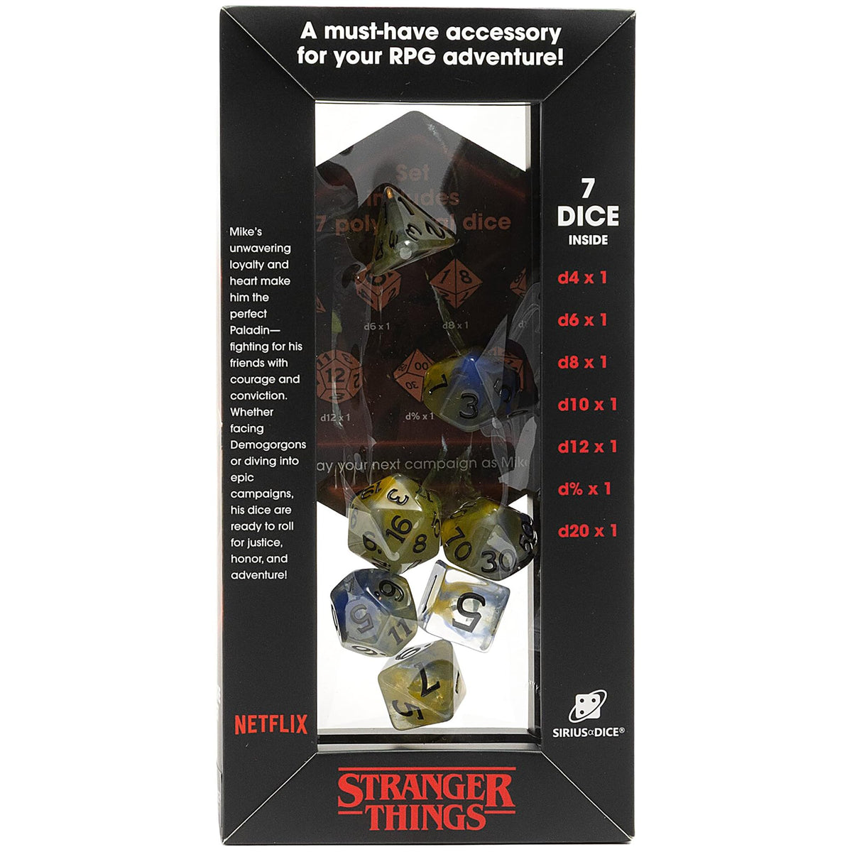 Stranger Things: Adventure Dice - Mike - 7pc RPG Set, Yellow Blue Swirl, Black Icons, Paladin Class, Collectible Roleplaying Game Accessory, Licensed