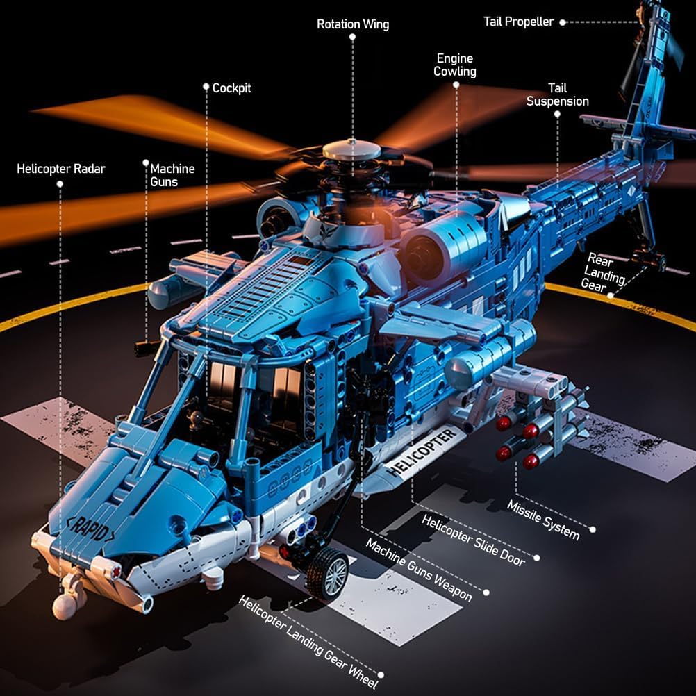 Powered Military Helicopter Building Blocks Set - 1521PCS Army Aircraft Bricks Model with Motor-Driven Rotors, Power Module & Mechanical Gear System