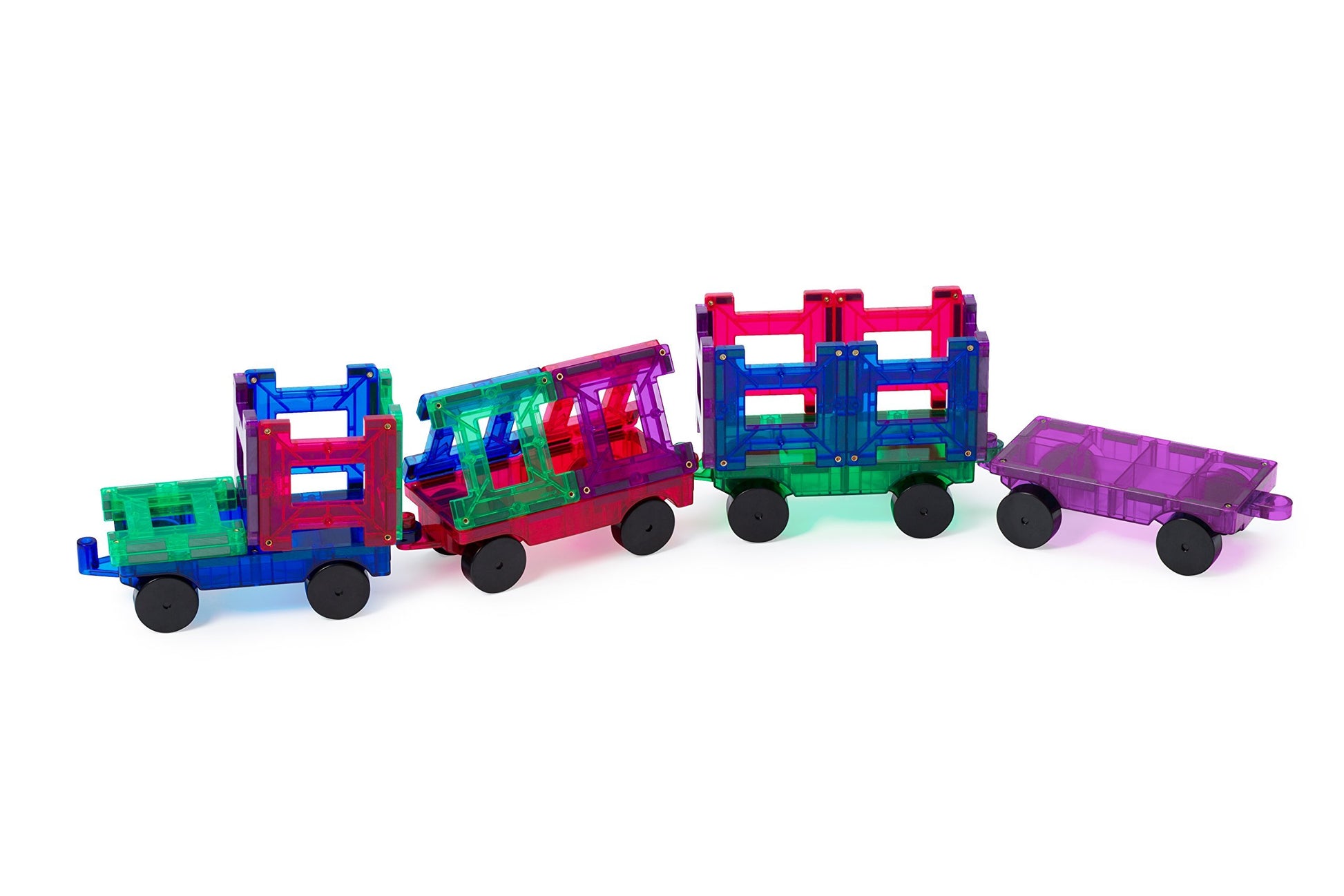 Playmags Magnetic Tiles Train Car Set for Kids - 55pcs Magnet Building Blocks Accessory Set with 4 Cars - Durable Creative STEM Learning Toys