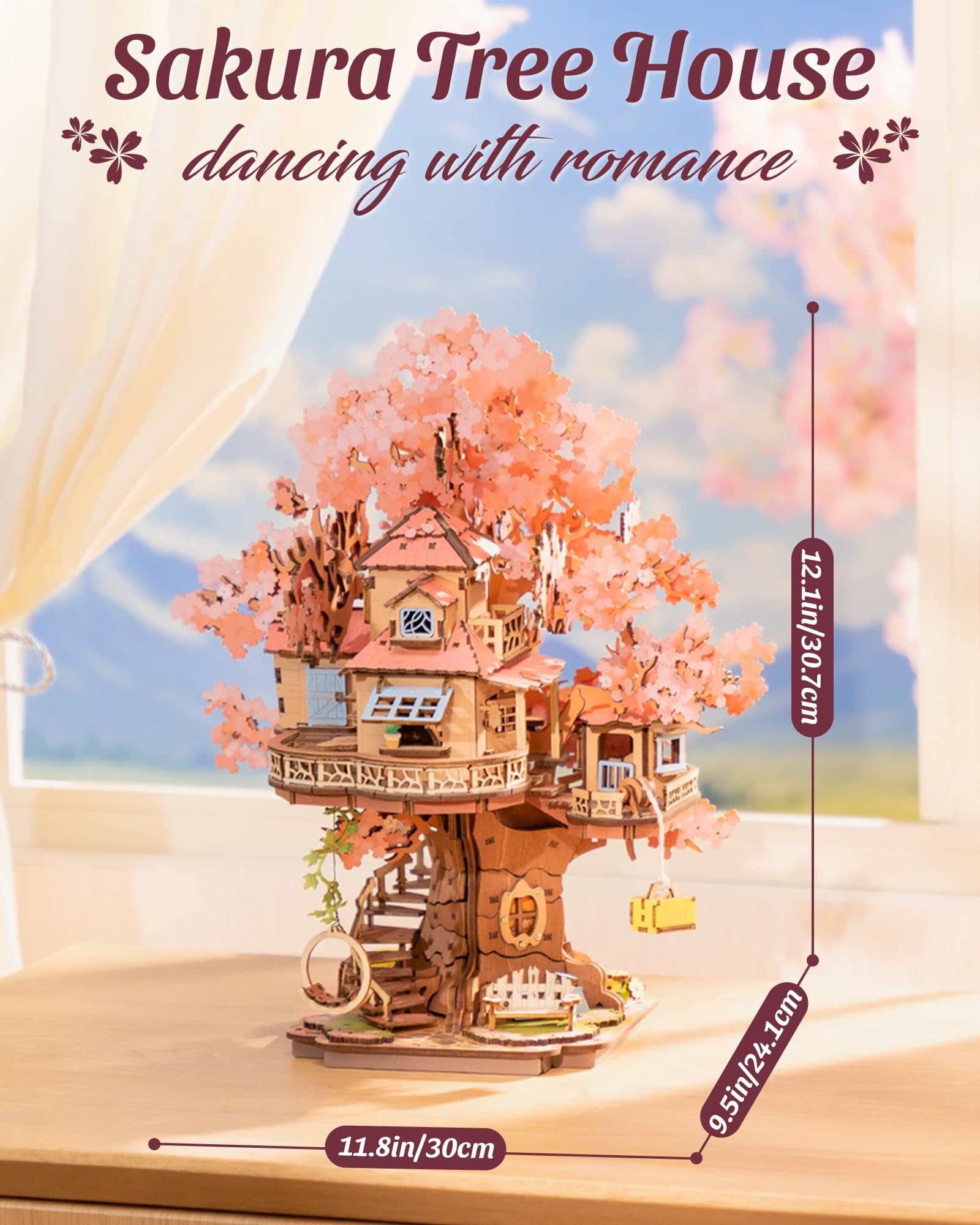 ROBOTIME DIY Miniature House Kits for Adults, 3D Wooden Puzzles for Teenager, Japanese Cherry Blossom Tree Sakura Bonsai Plants for Birthday Gifts