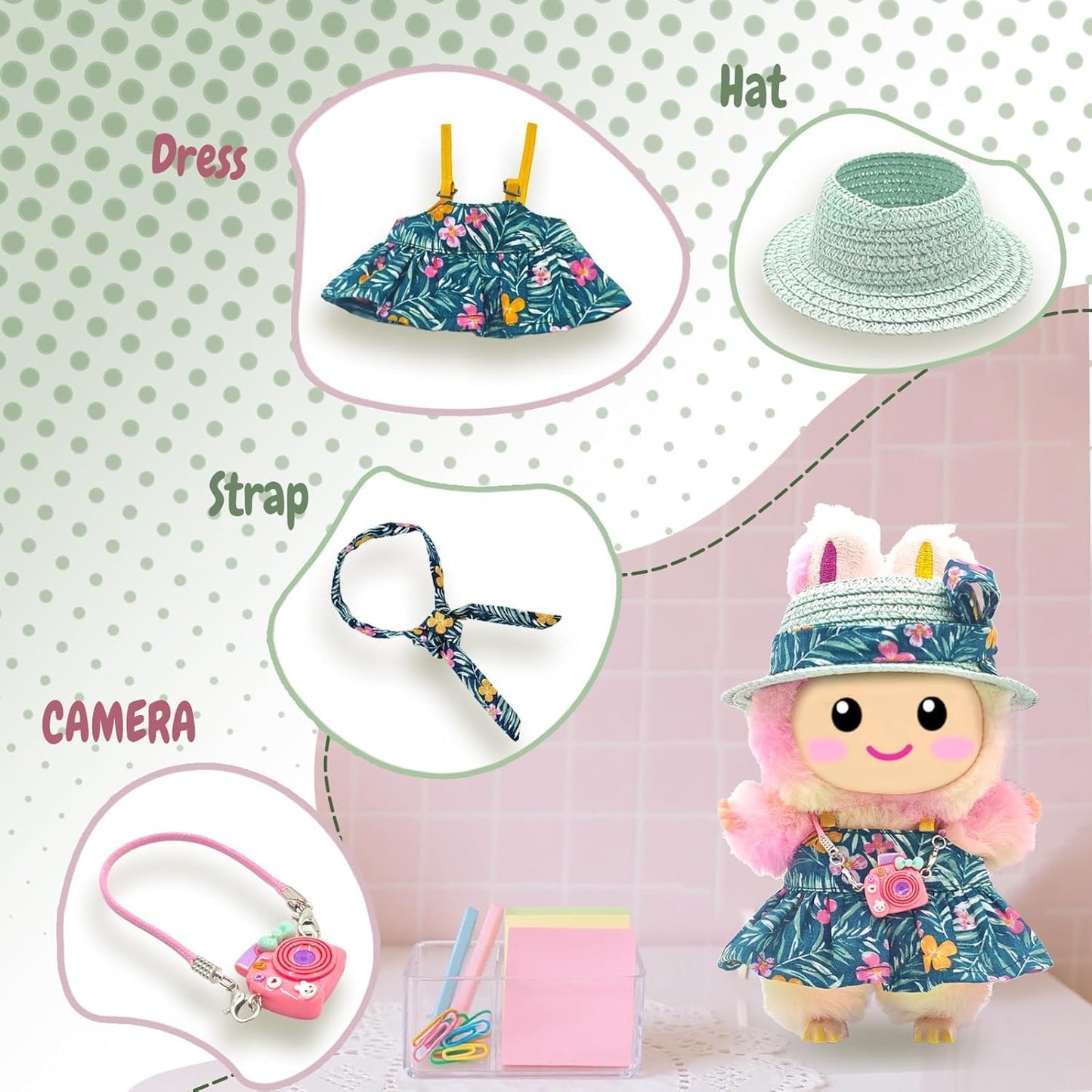 Cute 17cm Doll Clothes Set 4Pcs Kawaii Dresses with Free Hat, Camera, Silk Scarf, and Pendant Accessories?NO Doll?