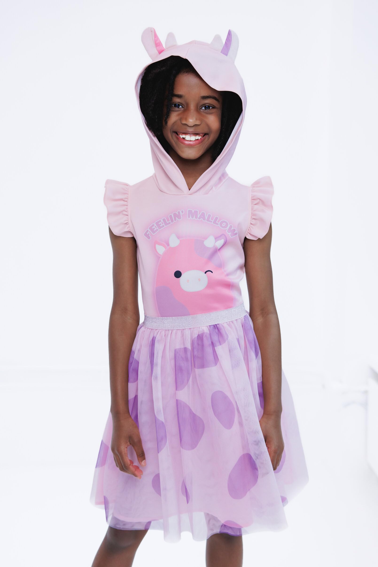 Squishmallows Patty the Cow Little Girls Scuba Cosplay Hooded Tulle Tutu Dress Pink 7-8