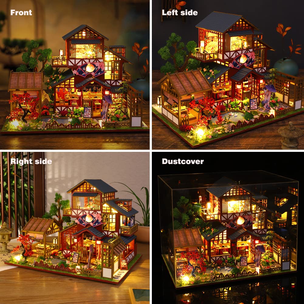 Yuzhen DIY Miniature Dollhouse with Furniture and LED Lights, Japanese Style Wooden Mini-Restaurant Includes Dustcover and Music Movement, Exquisite